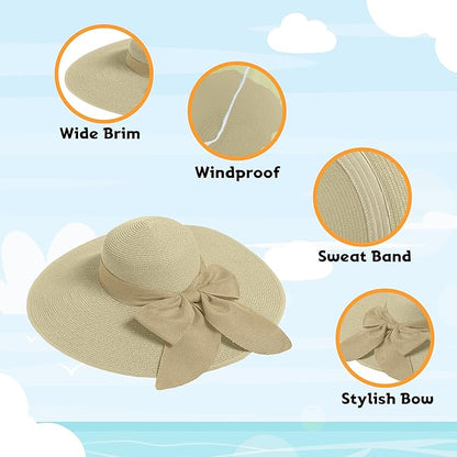Women's Wide Brim UPF 50+ Straw Sun Hat with Bow - Foldable Packable Summer Beach Hat with Chin Strap