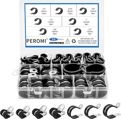 56PCS Double Cable Clamps Assortment Kit in 7 sizes 1/4" 5/16" 3/8" 1/2" 5/8" 3/4" 1" P Clamps, 304 Stainless Steel Rubber Cushioned Insulated Clamp, Pipe Clamps, Wire Loom Clips By PEROMI