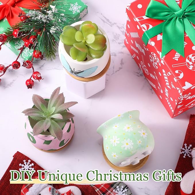 Remerry 6 Pcs 3.5 Inch Mini Succulent Pots with Bamboo Tray White Ceramic Pots Color Your Own DIY Small Planters Containers for Flower Cactus with Drainage Hole for Plant Lover