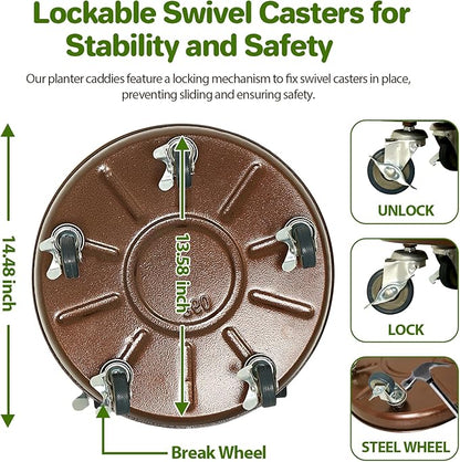 Plant Saucer 14" Rolling Plant Caddy Rolling Plant Stand with Wheels – Heavy Duty Metal, Locking, Sturdy, Rust-Resistant Finish, and Easy to Move, 390 lb Capacity