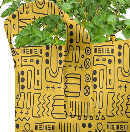Lunarable Aztec Grow Bags 5-Pack, Geometric Shapes Cultural, Heavyduty Fabric Pots with Handles for Plants, Yellow Black