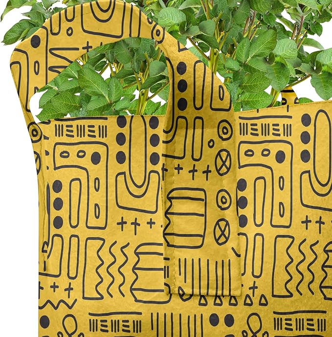 Lunarable Aztec Grow Bags 5-Pack, Geometric Shapes Cultural, Heavyduty Fabric Pots with Handles for Plants, Yellow Black