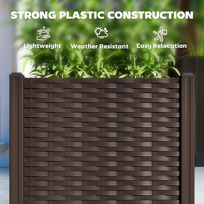 Outsunny 4 x 1 x 1 ft Raised Garden Bed, Indoor Outdoor Plastic Planter Box with Drainage Holes, Drain Plugs and Water Reservoirs for Vegetables, Herbs, Flowers & Succulents, Brown