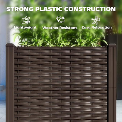 Outsunny 4 x 1 x 1 ft Raised Garden Bed, Indoor Outdoor Plastic Planter Box with Drainage Holes, Drain Plugs and Water Reservoirs for Vegetables, Herbs, Flowers & Succulents, Brown