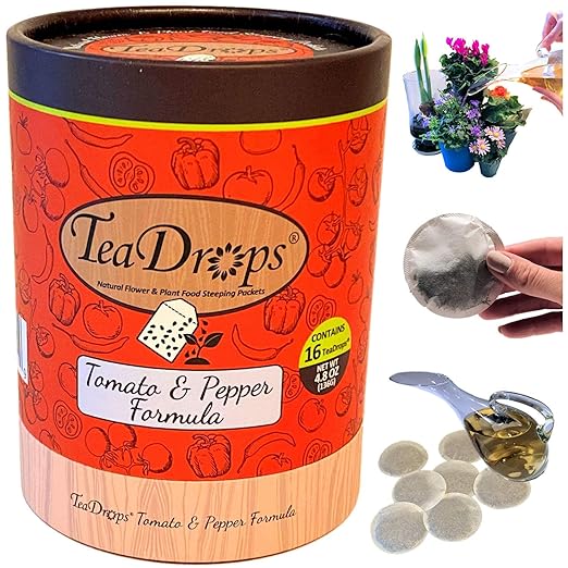 TeaDrops Organic Tomato + Pepper + Eggplant Fertilizer – 16 Liquid Indoor House Plant Food Packets – Make up to 32 Gallons (Easy use in Watering Can & Containers, Ecofriendly)