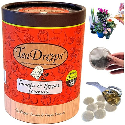 TeaDrops Organic Tomato + Pepper + Eggplant Fertilizer – 16 Liquid Indoor House Plant Food Packets – Make up to 32 Gallons (Easy use in Watering Can & Containers, Ecofriendly)