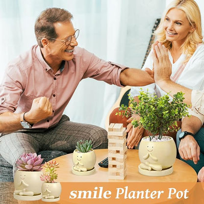2 Pcs Smile Face Planters Pots with Drainage Hole, 6'' Head Planters 3.6'' Cute Resin Flower Pot for Indoor Plants, Succulent Pots for Plant Lover Gift(Yoga)