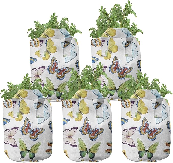 Ambesonne Butterfly Grow Bags 5-Pack, Watercolor Ethnic, Heavyduty Fabric Pots with Handles for Plants, Blue Yellow
