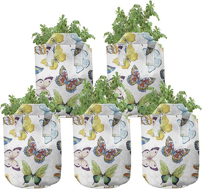 Ambesonne Butterfly Grow Bags 5-Pack, Watercolor Ethnic, Heavyduty Fabric Pots with Handles for Plants, Blue Yellow
