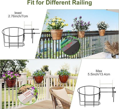 TQVAI 10 Inch Railing Planter - Fit for 3 to 5.5 Inches Railing - Adjustable Hanging Planters Outdoor Balcony Deck Flower Pot Holder Metal Baskets for Garden Orchid, Patio Ledge, 3 Pack, Black