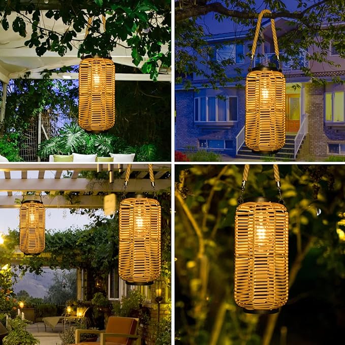 Livinlarge Solar Lantern Outdoor Hanging Lights, Rattan Lantern Waterproof with Twine Handle, Bright Solar Outdoor Lights with Edison Bulb for Garden Patio Yard Tabletop Decoration