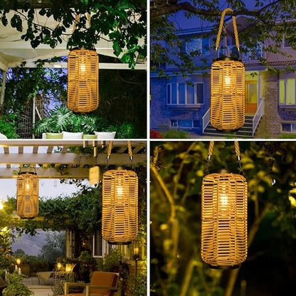 Livinlarge Solar Lantern Outdoor Hanging Lights, Rattan Lantern Waterproof with Twine Handle, Bright Solar Outdoor Lights with Edison Bulb for Garden Patio Yard Tabletop Decoration