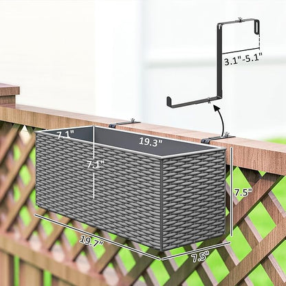 Outsunny Railing Planter Box (2 Pack, 20 Inch), Hanging Flower Pots with Hooks, Drainage Holes for Fence, Balcony, Garden, Patio, Rattan Look, Gray