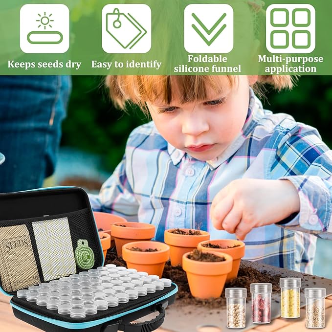 60 Slots Seed Storage Organizer Box with 7 Envelopes, 63 x Label Stickers Garden Seed Organizer with Zipper Bag Storage Container for Vegetable Flower Plants Garden (Blue)