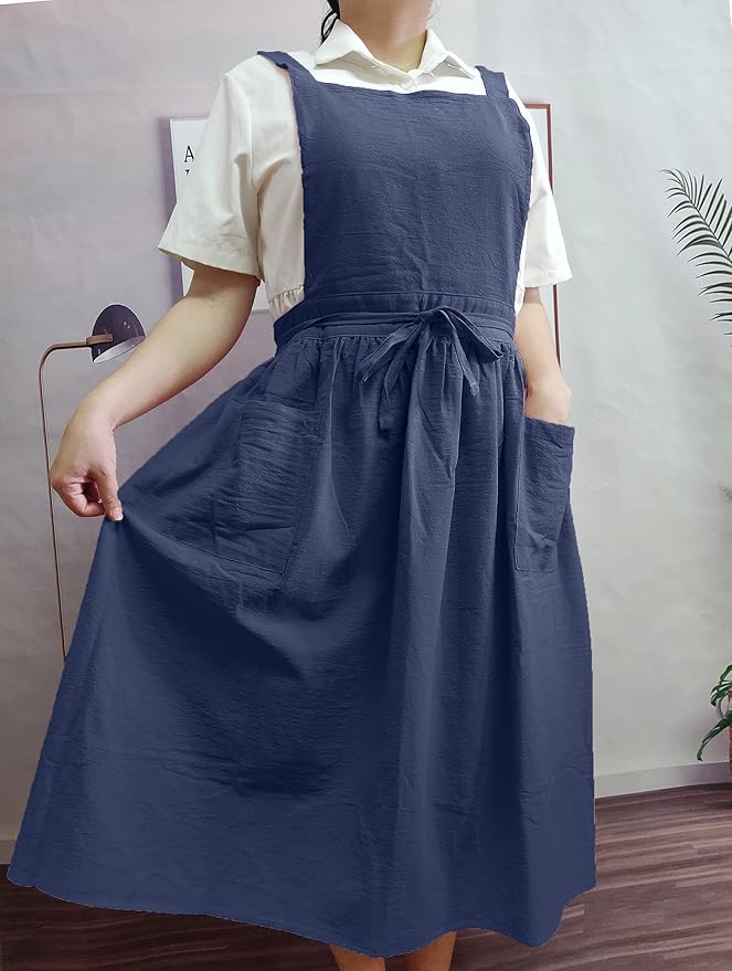 Cute Retro Cotton Linen X-Back Aprons Home Kitchen Garden Art Painting Pinafore Florist Shop Overalls