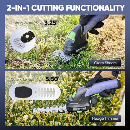Cordless Grass Shears & Hedge Trimmer - 2-in-1 7.2V Electric Bush Trimmer, Lightweight Handheld Grass Cutter, Rechargeable Shrub Trimmers with Type-C Cable Included for Yard, Lawn & Garden