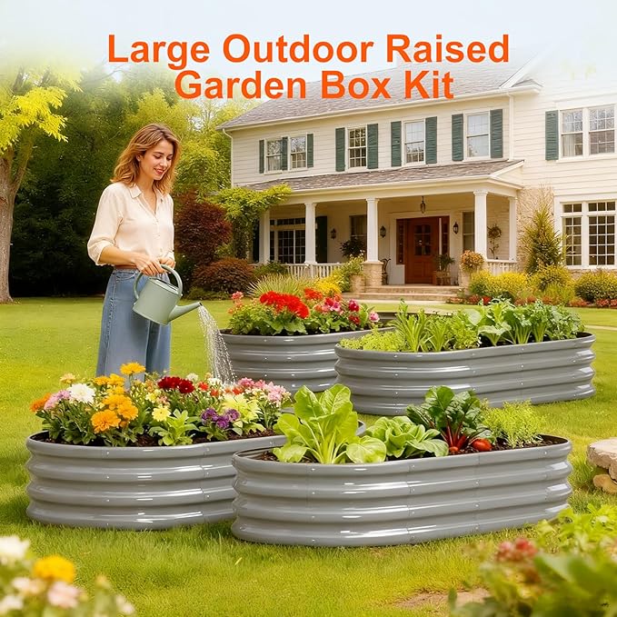Raised Garden Bed Outdoor 2 Sets Oval Large Coating Metal Planter Box with No Heavy Metal for Vegetables, Flowers, Herbs