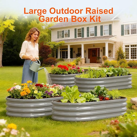 Raised Garden Bed Outdoor 2 Sets Oval Large Coating Metal Planter Box with No Heavy Metal for Vegetables, Flowers, Herbs