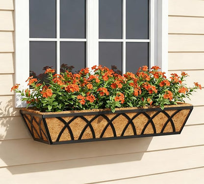 Y&M Planter, 24in Metal Box with Coco Liner, Indoor Outdoor Window/Railing Planter, 2pcs, Black