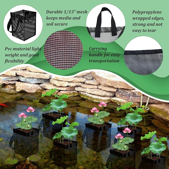6PCS Mesh Aquatic Pond Plant Baskets, 1Gallon Pond Planting Bags Reusable Aquatics Planter Pot Water Lily Growing Container with Handles for Lotus Bog Plant Garden Terrestrial Plants, 5.9x5.9x7.9 Inch