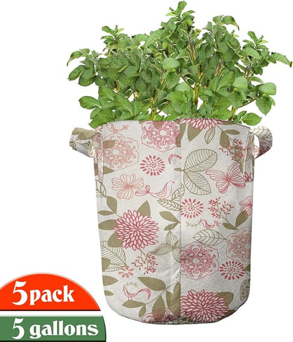 Ambesonne Colorful Grow Bags 5-Pack, Vibrant Vintage Orchid, Heavyduty Fabric Pots with Handles for Plants, Purple Lilac