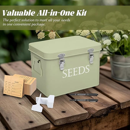 Seed Storage Box, Professional All-in-one Kit with 2 Pens, 20 Plant Labels and 50 Seed Envelopes, Metal Storage Organizer, Saving Box, Seed Packet Container, Green
