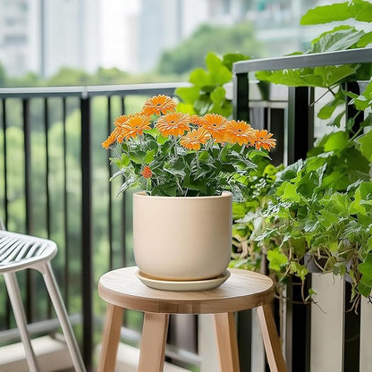 Ceramic Plant Pot - 7 Inch Mid Century Round Ceramic Planter for Indoor Plants with Drainage Hole and Saucer, Modern Home Decor, Yellow