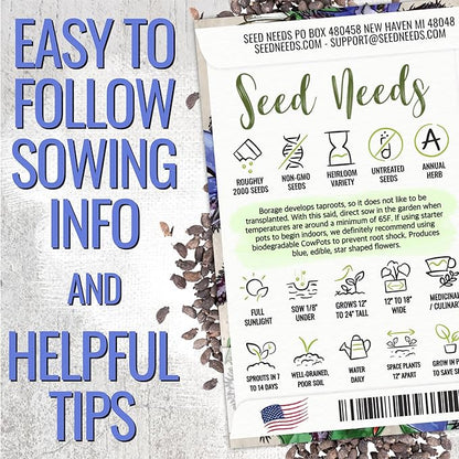 Seed Needs Blue Borage Seeds for Planting Herb Seed | 2,000+ Heirloom Seeds Non GMO Untreated | 1.5 Ounce Bulk Pouch Borage Flower Seed | Blue Edible Star Flowers Attracts Pollinators