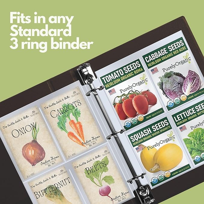Performore 200 Pockets Seed Storage Organizer Sleeves (3.5" x 5.25") – top Loading 4 Pocket Garden Seed Organizer Fits Standard 3-Ring Binders – for Seed Packets, Coupons, Photos, and Cards – 25 Pack