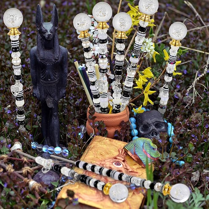 Tigeen 236 Pcs Garden Stake DIY Fairy Wand Plant Stake with 12 Colorful Crystal Stopper Top 12 Threaded Rod with 200 Large Hole Bead for Spring Summer Holiday Outdoor Decorations(Dark Witchy)