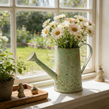 Vintage Green Metal Watering Can, Functional Garden Waterer with Floral Embossed for Indoor Outdoor Plant Care, Rustic Decor for Home Garden Patio