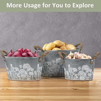 3 Pack Oval Galvanized Planter Tubs, Garden Metal Rustic Flower Pots for Outdoors, Rustproof Tin Bucket Vintage Plant Pot, Large Shallow Flower Bucket with Handles