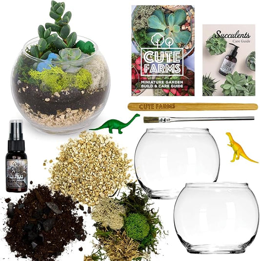 Cute Farms Glass Terrarium Kit | Just Add Your Own Plants (Two Glass Bowls)