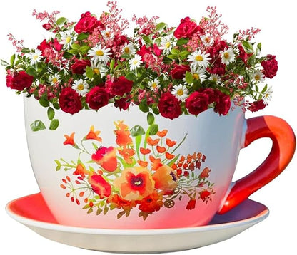 7.5" Round Ceramic Teacup Shape Planter Pot with Saucer for Succulents Orchids Herbs Cactus Indoor Houseplants Flowers for Valentines Day Gift – Orange Poppy Floral