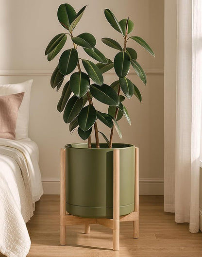 D'vine Dev Ceramic Planter with Natural Stand - 14 Inch Modern Round Flower Pot with Wood Planter Holder, Olive, 55-B-R-J