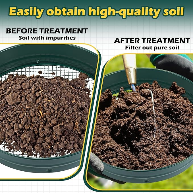 Soil Sifter for Gardening with 1, 3, 6, 9, 12 mm Sieve Mesh Compost Dirt Sifter with Handle Large Garden Sand Soil Rock Sieve 17.7" l x 13.8" W for Sand Rocks Pellet Gravel (Green)