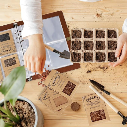 Seed Storage Organizer,100 Packets Seed Organizer Binder with 50Pcs Kraft Adhesive Seed Storage Envelopes with Window for Flower Garden Vegetable Collection