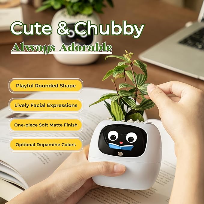 Ivy AI Smart Plant Pot with Emoji Intelligent Planter Robot for Houseplants Tamagotchi Flower Pot Stylish Plantagotchi Home Decor(Ivory)
