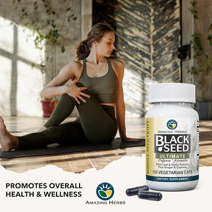 Amazing Herbs Whole Spectrum Black Seed Ultimate, Vegetarian Capsules - Olive Leaf & Garlic Extracts Plus Ginger & Cayenne, Gluten Free, Non GMO, Vegan - 100 Count (Pack of 2)