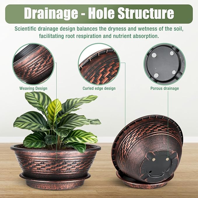 NIKONIKO 12 Inch Plant Pots, 6-Pack Plastic Woven Look Ripples Planters with Drain Holes & Trays, Retro Design Flower Pots for Indoor and Outdoor Plants