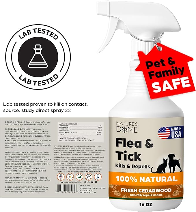 Nature’s Dome Cedarwood Flea & Tick Spray – 16 oz – Kills & Repels Fleas, Ticks, Larvae & Eggs – Plant-Based Pest Control – Safe for Pets, Kids & Plants – Ready-to-Use (16 Oz, Cedarwood)