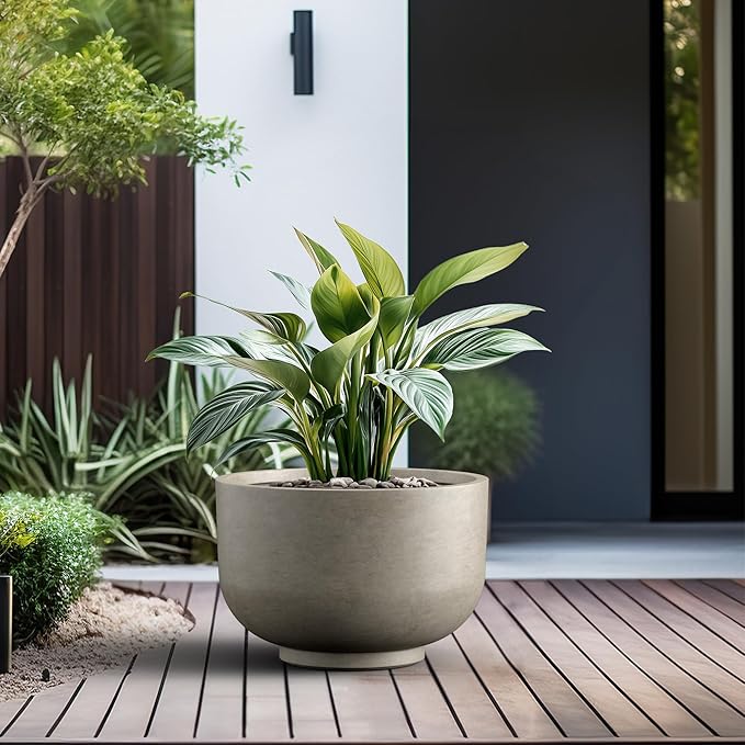 Kante 17.7 Inch Dia Concrete Bowl Planter, Large Tapered Bottom Plant Pot with Drainage, Smooth Weathered Concrete Finish with Painted Interior, Ideal for Porch, Home, Garden, Patio