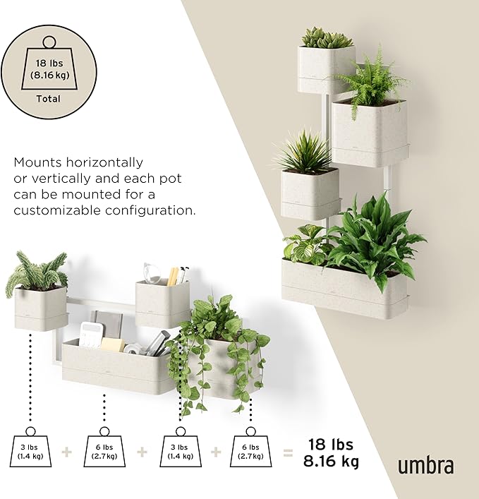 Umbra Cubiko Wall-Mount Planter with Four Adjustable Pots, Suitable for Indoor or Outdoor Use, Sand