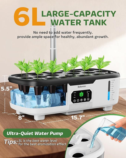 Misting Hydroponic Growing System Kit 15-Pods Indoor Smart Herb Garden Planter with LCD Touch Panel 6L Large Tank for Herb/Vegetables/Flowers/Fruits,Gardening Gifts for Women Men Beginners-White