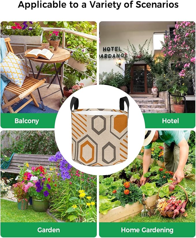10 Gallon Grow Bags Vintage Geometric Orange and Grey Stripe - Thickened Garden Planting Bag with Handles,Hexagon Art on Retro Burlap Felt Fabric Planter Pots for Vegetables Potato Tomato