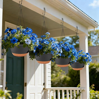 Set of 4-8 Inch Self Watering Hanging Planters for Indoor Outdoor，Hanging Plant Pots with Drainage & Removable Tray, Hanging Pots Holder for Ivy, Pothos, Ferns, Balcony & Patio, Black Brown