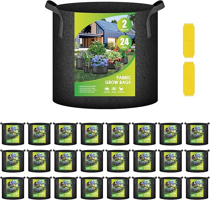 iPower 24-Pack 2 Gallon Grow Bags Heavy Duty Thickened Aeration Nonwoven Fabric Pots with Nylon Handles, for Planting Vegetables, Fruits, Flowers, Black