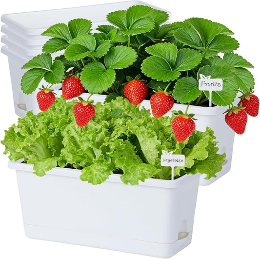 Window Box Planter 6 Packs, 13.8 Inches Rectangle Flower Pots with Drainage Holes & Trays, Pots for Vegetables, Herbs, Flowers, Garden Windowsill Balcony (White)