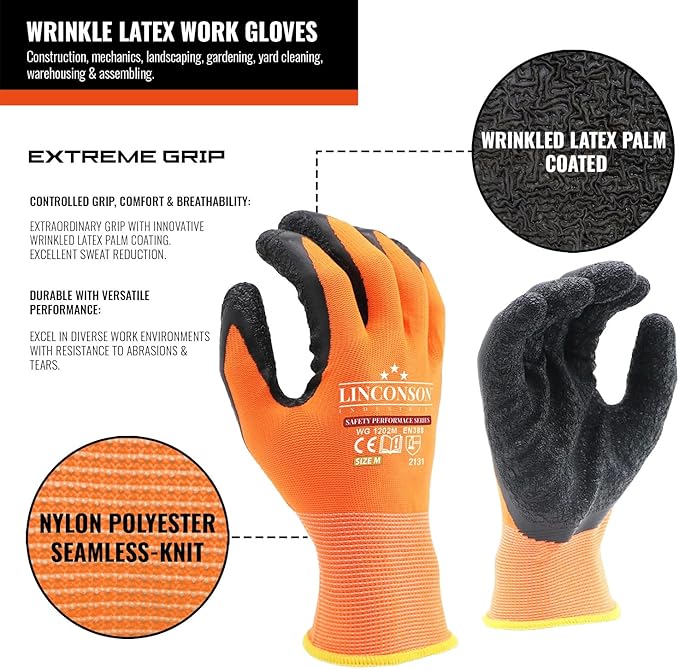 linconson 12 Pack Safety Performance Series Construction Mechanics Wrinkle Latex Work Gloves