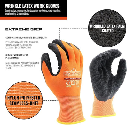 linconson 12 Pack Safety Performance Series Construction Mechanics Wrinkle Latex Work Gloves